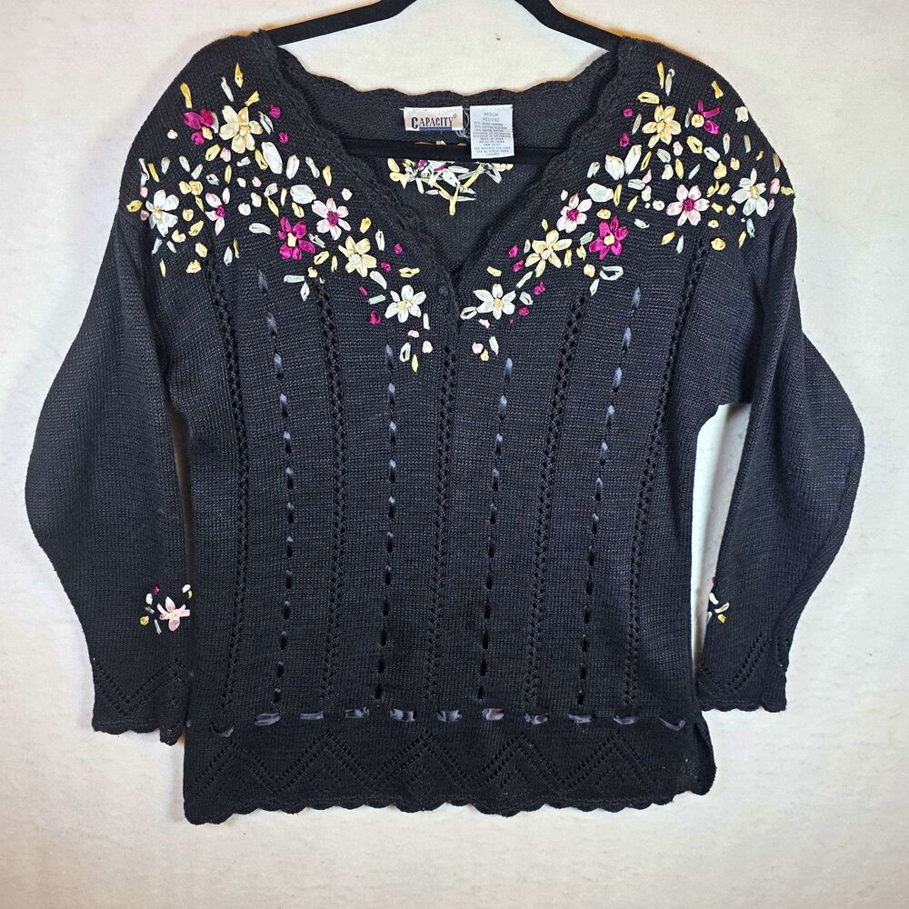 Capacity Black Knit V-Neck Floral Embroidered Lightweight Pullover Sweater M